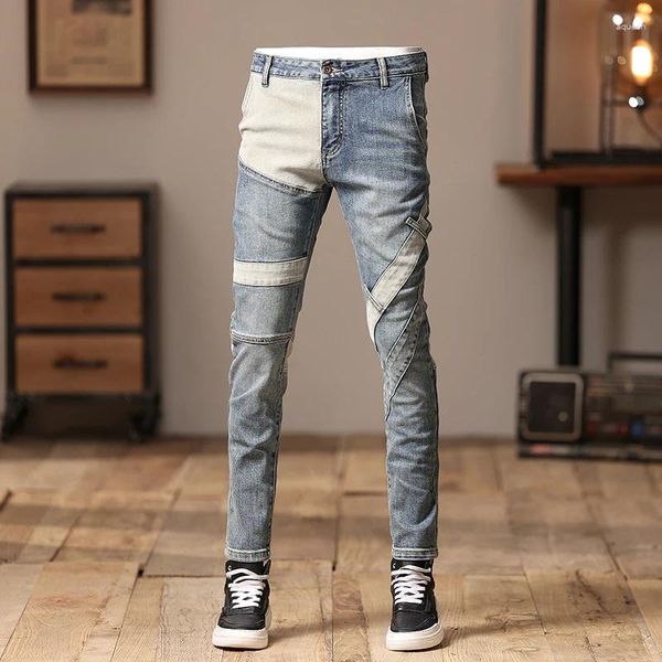 Jeans de jeans masculino Moda de moda retro lavada azul magro magro rasgado designer emendado Hip Hop jeans calças de bicicleta HOMBRE