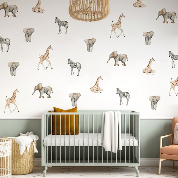 Africa Wild Animal Bursery Room Wallpaper Adesivo Zebra Giraffe Elefante Tropical Animal Parede Arte Decalques Interiores Casa