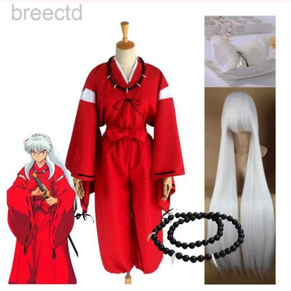 Anime -Kostüme Anime Inuyasha Cosplay Kostüm rot japanische Kimono Man Robe Kostümkleidung mit Perücken Ohren und Halskette für Halloween Party 240411