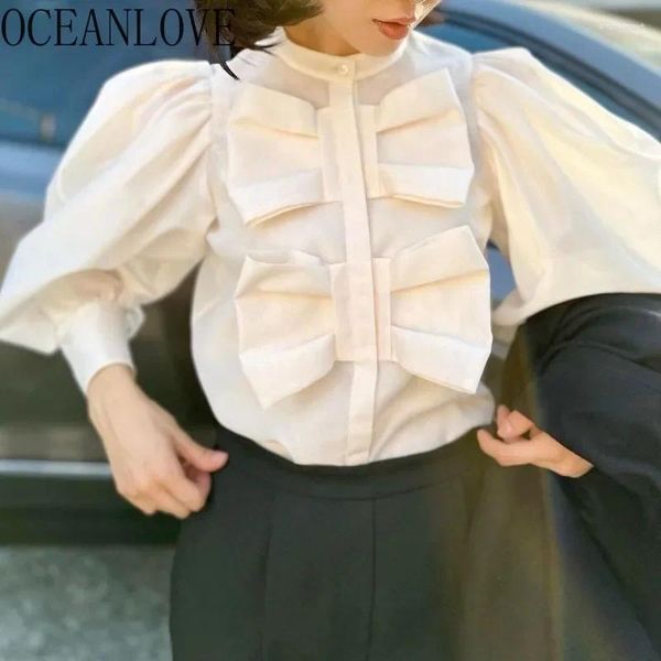 Frauenblusen Oceanlove Laternenhülle Frauen Tops Bögen japanischer Stil eleganter Blusas Mujer Frühling Herbst Feste Hemden