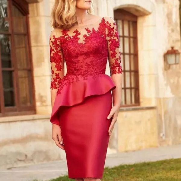 Elegante knielange Hülle Mutter der Brautkleider mit halben Ärmeln Spitzen Applikationen kurz schicke Hochzeitsgastkleid Satin Einfacher Bräutigam Mom Prom Party formelle Kleidung