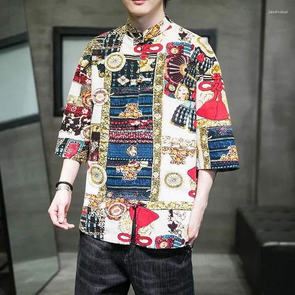 Camisas casuais masculinas Estilo étnico de verão Top tradicional impressão chinesa masculino vintage de meia manga de linho madarin colarinho kungfu camisa