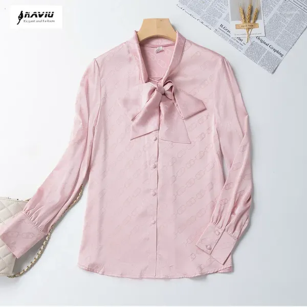 Женские блузки Naviu Pink Printed 2024 Spring Women Рубашка корейская модная галстука для бабочки с длинным рукавом Элегантные свободные топы