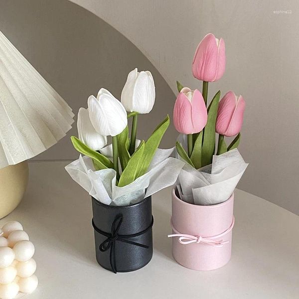 Flores decorativas Artificial Tulip Flower Bucket Creative arranjo criativo Diy Bouquet Caixa de embalagem Caixa em casa Decoração de festa de casamento