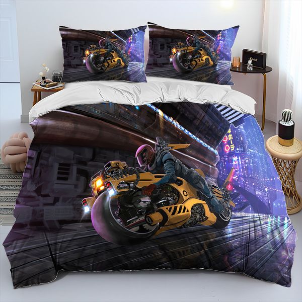 Cyberpunk Motorcycle Sexy Girl Rapter Set di biancheria da letto, set di copertina di copertura del piumone Pillowcase, set di biancheria da letto King Queen size Kids