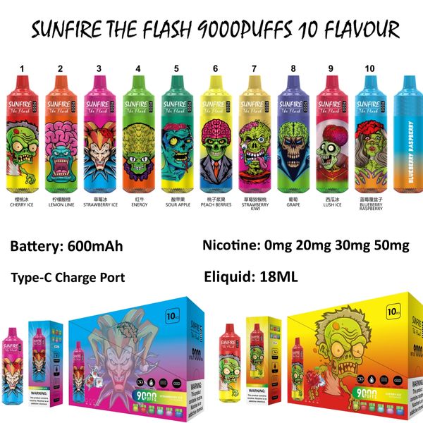 E Sigara Sunfire Puff 9000 Tornado Vape 9000 Tek Kullanımlık Vape Kalem 18ml Suyu Lezzet Mafer Bobini Ayarlanabilir Vs R ve M RM BAR BANG 9K 12K Vape Kutusu Polonya Fransa Sıcak Satışlar