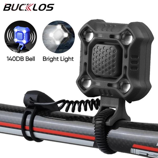 Bucklos 2 em 1 bicicleta sino de bicicleta 140dB Bicicleta anel de bicicleta de bicicleta elétrica elétrica USB Acessórios de ciclismo de farol leve USB elétricos