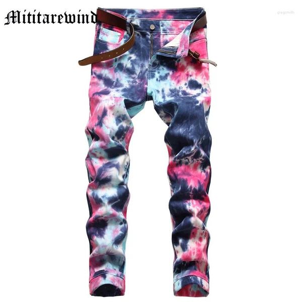 Jeans masculino imprimir 3d harajuku tid-dye estilo slim calça de jeans de rua y2k moda de moda de hip hop