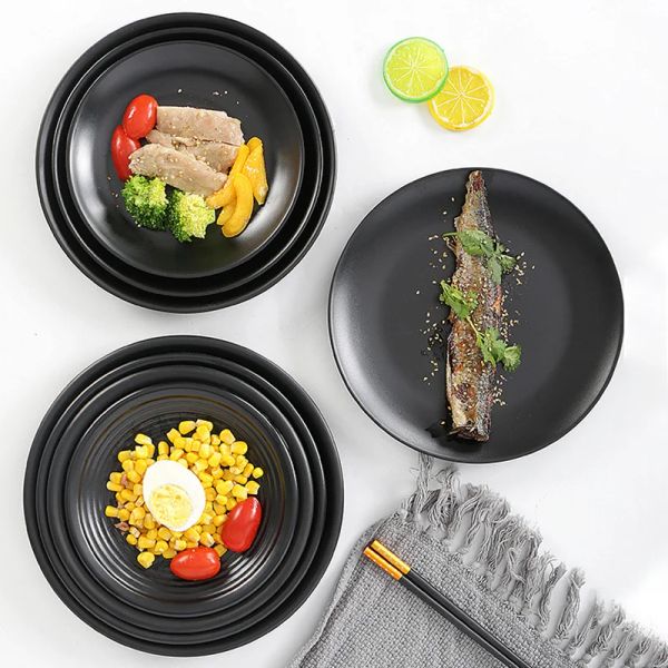 Schwarzes Melamin-Anti-Fall-Teller rund Food Snacks Sushi Steak Tablett Dessert Tee Tischgeschirr Küche Accessoires