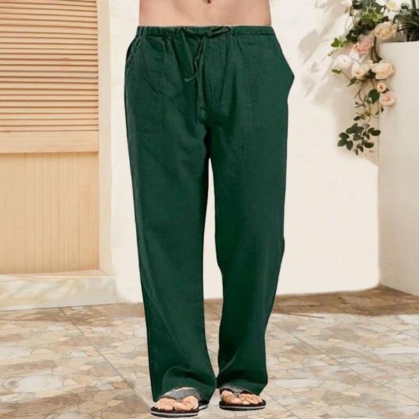 Pantaloni da uomo fondo leggero con tasche in lino in cotone pantaloni casual elastica in vita elastica per la scuola di viaggio in spiaggia