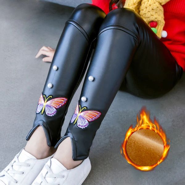 Calças 114y meninas meninas leggings Inverno crianças mais veet desenho animado calça lápis crianças calças quentes calças de couro falsamente