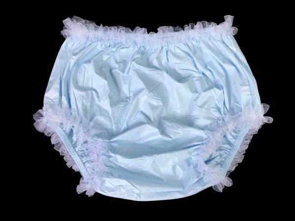 Hose ABDL Erwachsene Inkontinenz Pullon Plastikhosen Spitzenhöfe Baby Blau mit weißer Spitze