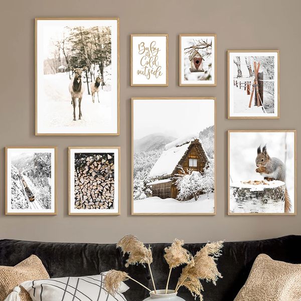 Landscape Imagem de Winter Pintura Arte da parede Modern White Snow Elk Wood Pine e impressão para a decoração da sala de estar em casa