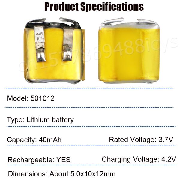 501012 3.7 V Lipo Lithium Polymer wiederaufladbarer Akku 50mah für Bluetooth -Headset, Autoschlüssel, UAV, Smart Electronic Device General