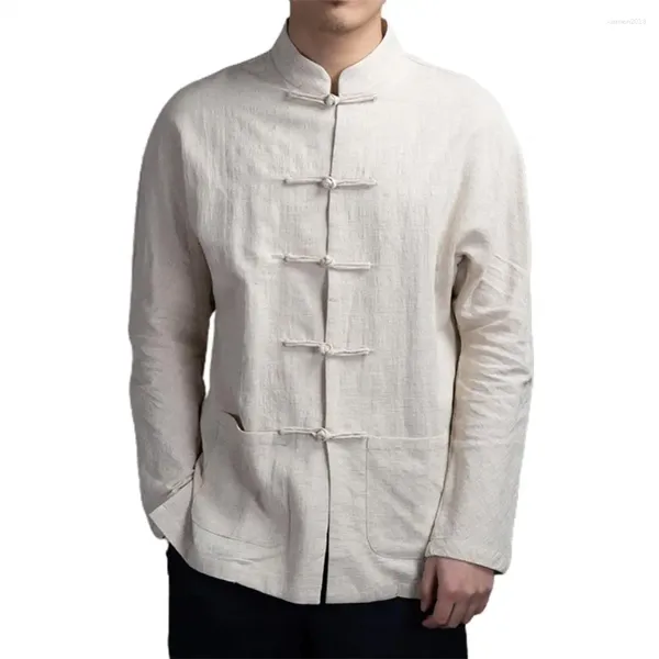Мужские повседневные рубашки мужская рубашка с длинным рукавом традиционный китайский стиль с мандаринскими воротничками карманы диска Тай