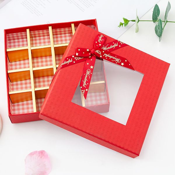 16-Grid Çikolata Hediye Kutusu Doğum Günü Sevgililer Günü Açık Pencere Şeffaf Bowknot Tatlı Ambalaj Kutusu Noel Trüf Kılıfı