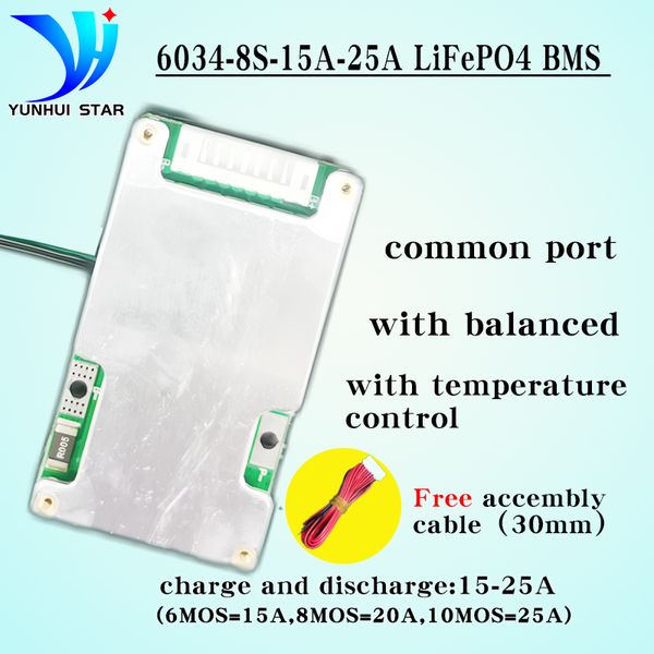 YUNHUI STAR BMS 8S LIFEPO4 24V com balanceador 15a 20a 25a e cabo livre para luzes solares de luzes pequenas ciclistas de armazenamento de energia, etc.