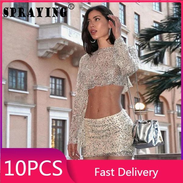 Abiti da lavoro 10 set di abiti 2024 sexy a maniche lunghe Mini Skirt Night club indossare paillettes all'ingrosso a due pezzi Set Womens Outfits S13174