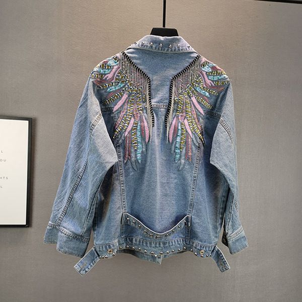 Vintage Wing Stickerei Kette Quaste Blue Jeans Jacke Frühling Herbst Nieten Rivet Langarm Langarm Denim Outwear Casual Chaqueta Mujer