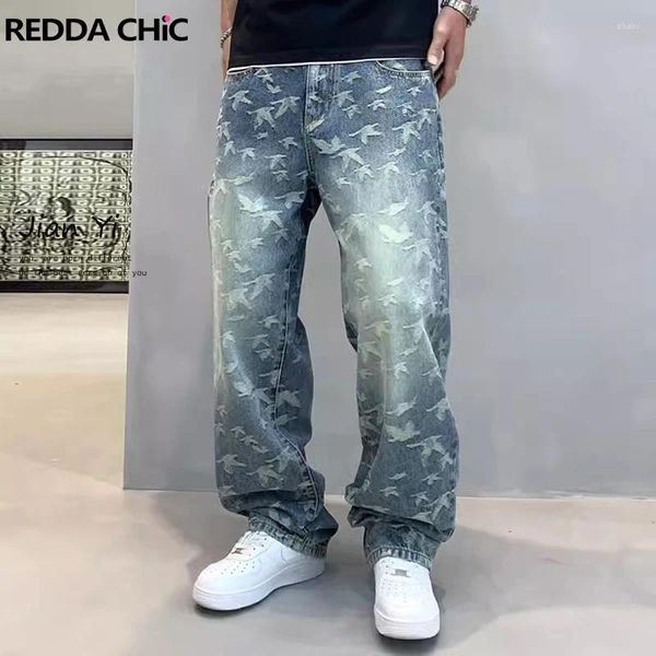 Erkek kot pantolon reddachic jacquard erkekler büllü sıkıntılı düz geniş bacak pantolon gevşek rahat hiphop pantolon retro y2k sokak kıyafetleri