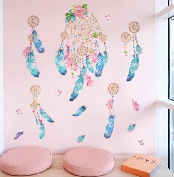 Красочные наклейки на стену с пером Симуальность Dreamcatcher наклейки на стены DIY домашнее украшение настенная роспис