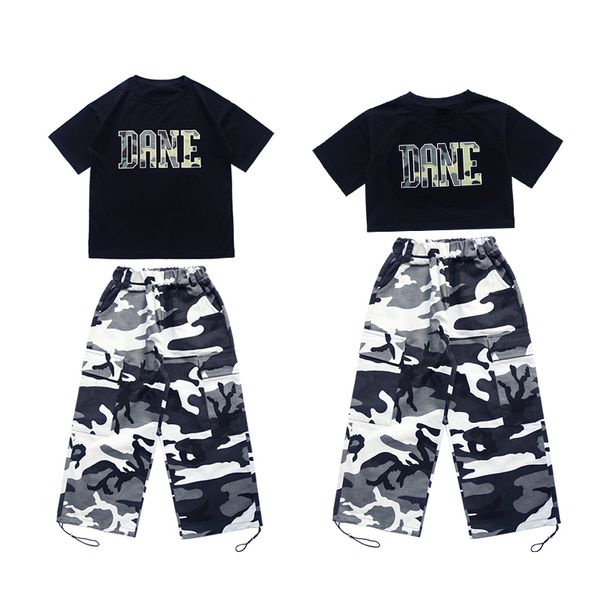 2023 Hip Hop Dance Cothing For Kids Black Tops Camuflage Pants Streetwear Meninos meninos de jazz moderno Fantasmas DQS13030