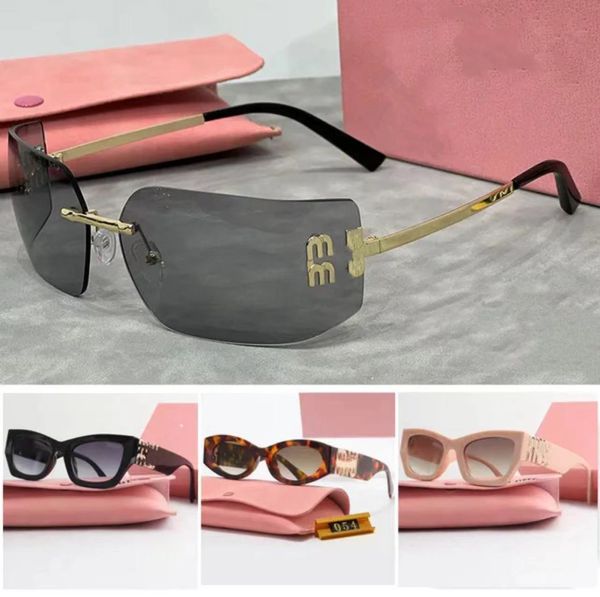 Óculos de sol miu designer feminino glasses de glasses de sol oval cota de aro sem aro rimled uv400 protetora solar Óculos de sol pernas de metal m caixa de letra