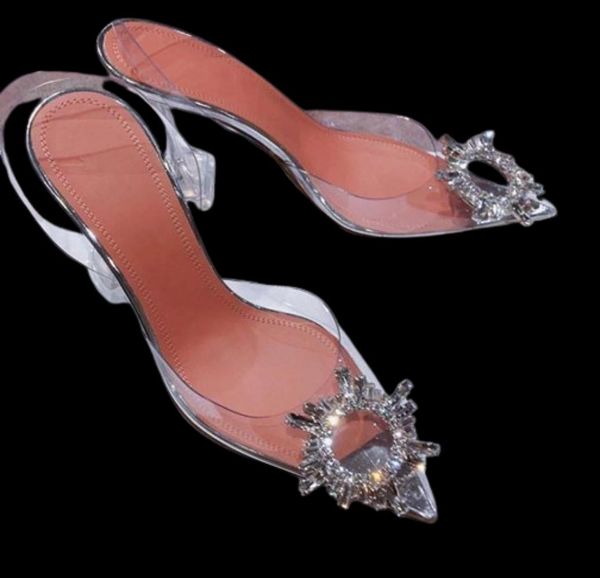 Crystal PVC Slingback Sandals Women Women Begum Glass Saltos Altos Sapatos Mulher Bombas de Prata Transparente Designer Sandalias Mujer8516484