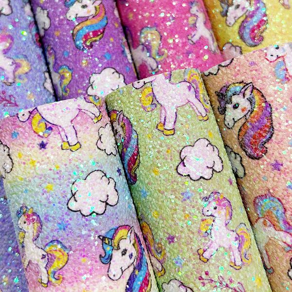 Qibu Großhandel Einhorn Chunky Glitter Stoff Roll Regenbogen Kunstleder Material für Handwerkstaschen Dekor DIY Haarbogenzubehör