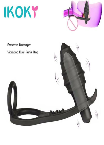 Ikoky Dual Cock Ring Butt Plug Anal Dildo Vibrator Silicon Prostata Massagebippe Vibrator GSPOT Erwachsene Produkte Sexspielzeug für Männer Y1907149717