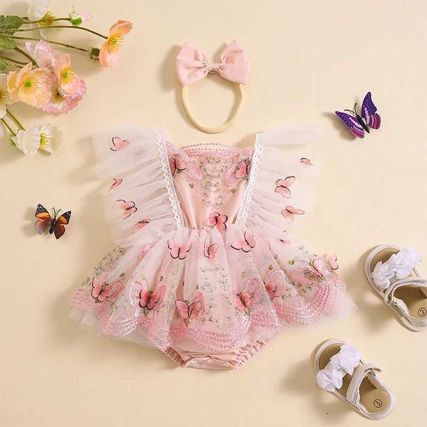 Kız Elbiseleri Yaz Bebek Kız Atlayıcıları Kafa Dantel Trim ile Elbise Trim Kelebek İşlemeli Sinek Kollu Tül Tulle Yeni doğan kıyafetler için