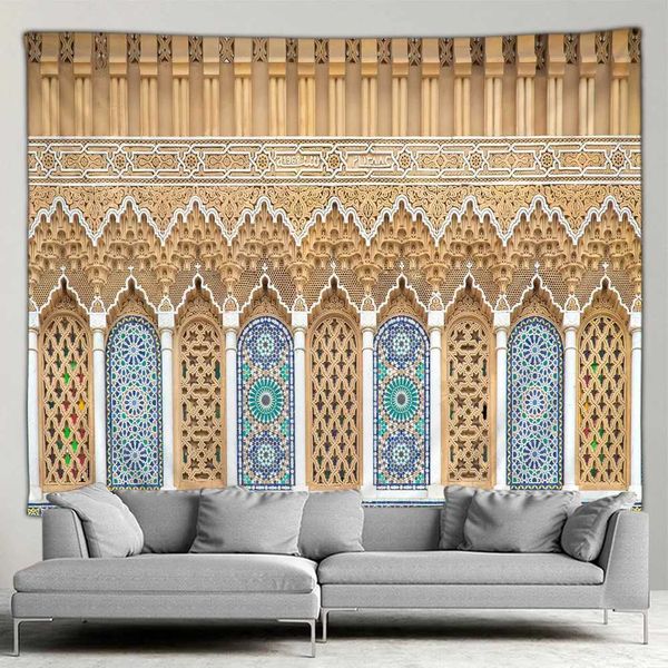 Taquestres islâmicos Marroquino Arquitetura Tapestria vintage Padrão geométrico de parede pendurado Arte da parede Decoração mural boêmia decoração de casa r0411