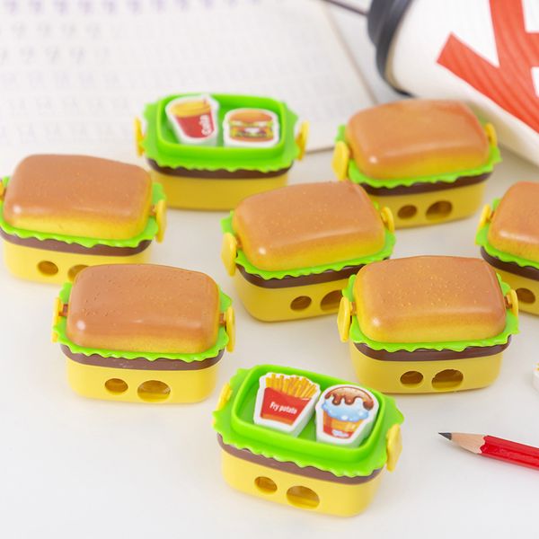 12pcs niedlicher Hamburger -Spitzer mit Radiergummis Kawaii Stationery School Supplies Spitzer Bleistift Kinder Preise Student Accessoires