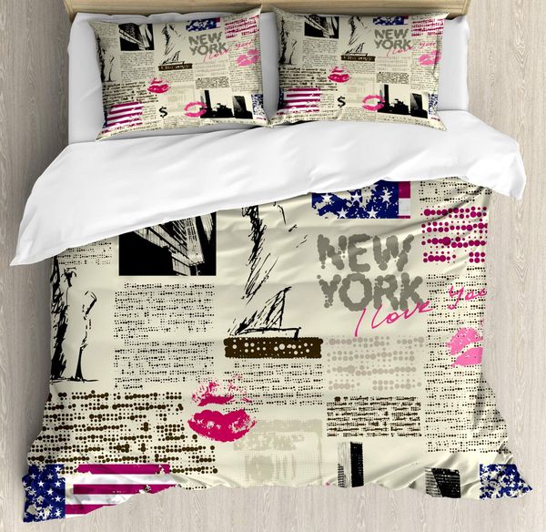 United States Beige Duvet Cover Zeitung New York skizziert von Liberty und Texte Lippenstift Vintage Dekorative Bettwäsche Set Frauen