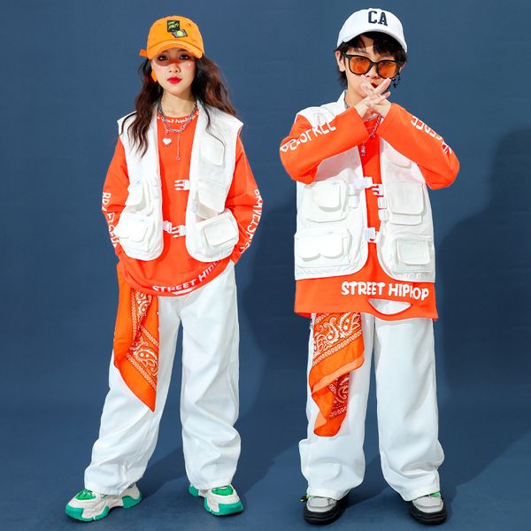 Crianças infantis da dança de rua de hip hop coletor branco moletom laranja calça folga menina garoto tambor jazz performance roupas de palco fantasma