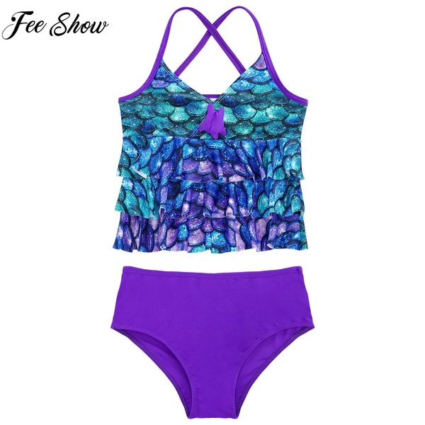 Детские девочки Tankini Mermaid Scales Print Starfish Bikini Bikini Swimsuit купальные костюмы для купальных костюмов Set Tops с нижней частью Multi 2pcs