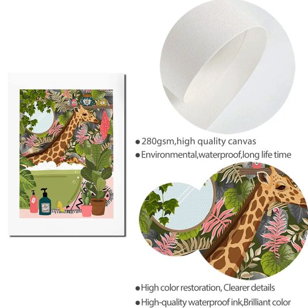 Tiger in Badewanne Botanische Tierdruck Poster Tropischer Dschungel Wandkunst Leinwand Schmerz maximalistische Badezimmer Safari Dekor Bild