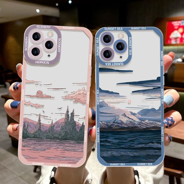 CASO CLARO PAISAPAGEM CASE para iPhone 13 Pro Case iPhone 14 15 Pro Max 11 12 Pro XR XS x 7 8 13 12 Mini SE Anime Cenário de cenário