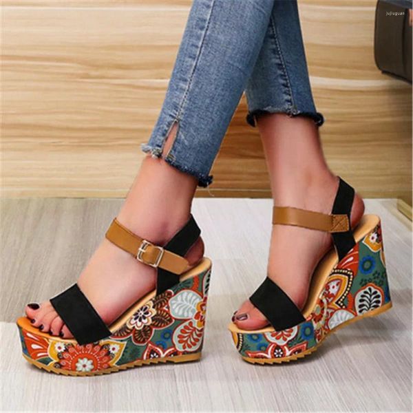 Scarpe eleganti cunei stampati estivi sandali donne alla moda aperto in pelle traspirante in pelle anti-slittata comoda casual nero