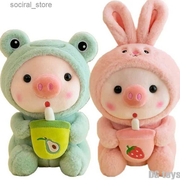 Doldurulmuş peluş hayvanlar 1pc 25cm cosplay uniorn kurbağa kaplan tavşan boba çay plushie pembe domuz peluş oyuncak kız sevimli bebek refaaz bebek doğum günü hediyesi l411