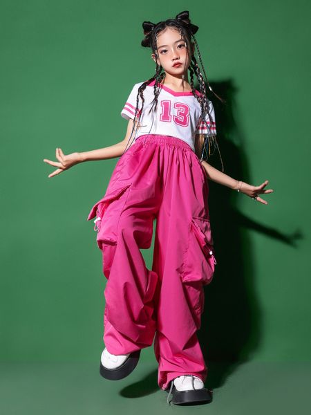 Kids Jazz Dance Clothes Girls Girls White Tops Pants Pink Hip Hop Dance Costume Kpop Outfits Abito abbigliamento BL10729
