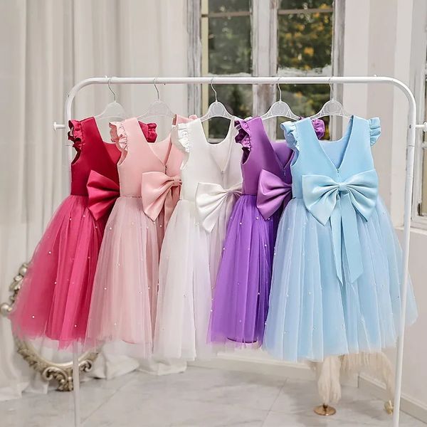 Sommermädchen Blume Geburtstag Tüll Kleid hinterlesselloser Bogen Hochzeitskleid Kinder Party tragen Prinzessin rosa Kleid Baby Mädchen Bowknot Kleider 240407