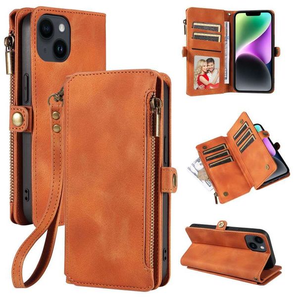 Caixa de telefone Designer Flip Zipper Bag Wallet Caso do iPhone Caso de couro Wristled Case Brown Adequado para iPhone 15 Promax, Apple 14 iPhone 13 Apple 12 iPhone 11 Apple