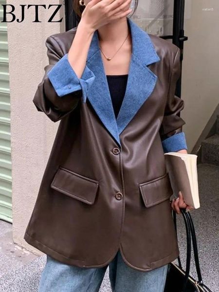 Kadın Suit Bjtz Denim Patchwork PU Deri Ceket Kadınlar İçin 2024 Bahar Sonbahar Trendi Gevşek Ofis Leydi Kontrast Renk Palto HL427