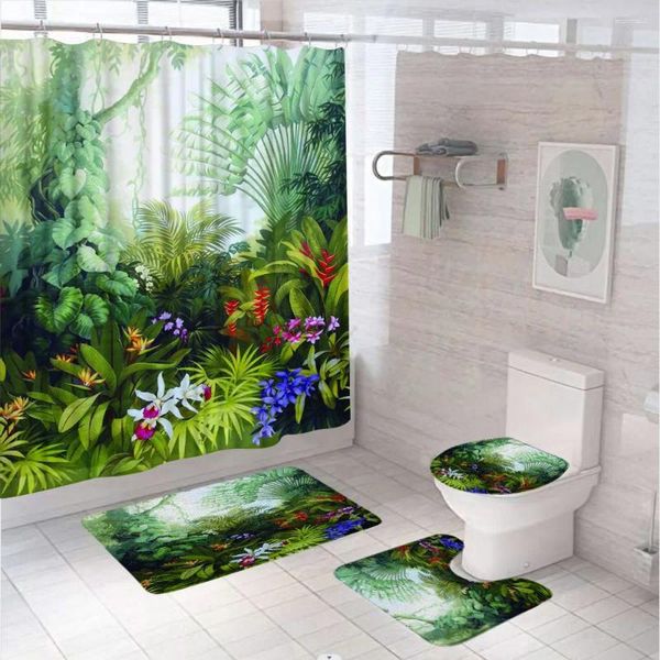 Cortinas de chuveiro Jungle tropical Folhas de cortina floral conjunto com tampa do banheiro de banheiro Tapete de banheira planta de verão decoração do banheiro