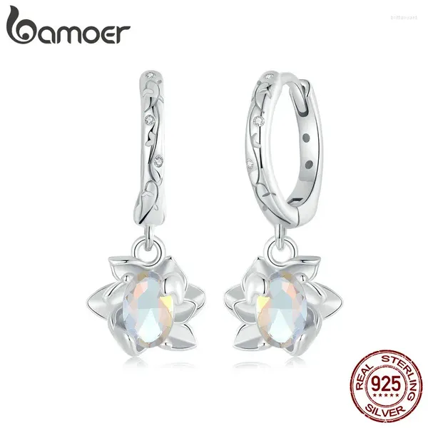 Hoop -Ohrringe Bamoer Weiß Gold plattiert Lotus Huggie Blume Tropfen Frauen 925 Sterling Silber Hypoallergen CZ