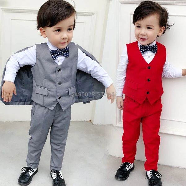 Calças de calça meninos de meninos de casamento de casamento japão calças de colete infantil 3pcs Conjunto crianças Tuxedo formal host dança de dança de desempenho de traje de vestido