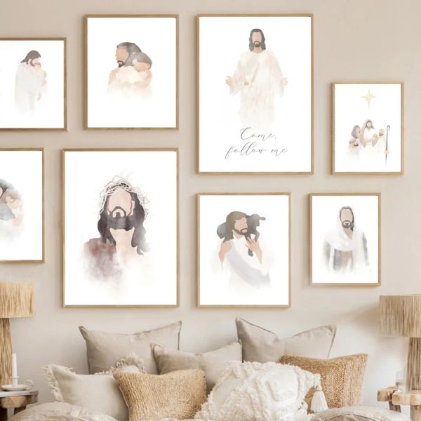 Jesus retrato de Cristo abraço Christian Watercolor Wall Art Print Canvas pintando imagens de decoração de pôsteres nórdicos para sala de estar