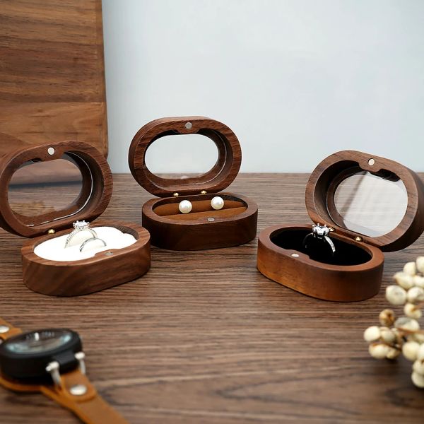 Box ad anello in legno per proposta di matrimonio Anello di fidanzamento Orecchini a sospensione Orecchini Organizzatore Oval morbido Mini gioiello portatile