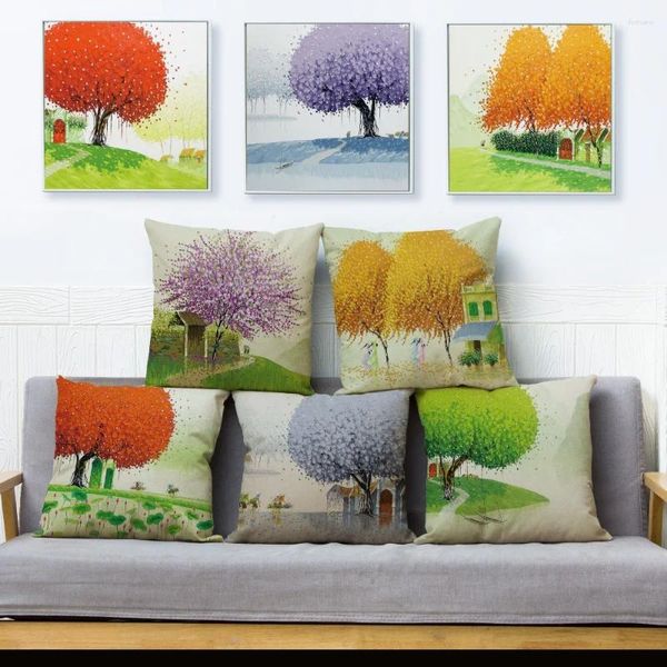 Pinco de travesseiro Aquarelas pinturas de pintura de árvore para sofá Decoração de casas Pressão de travesseiro cênico linho cênico 45 45cm